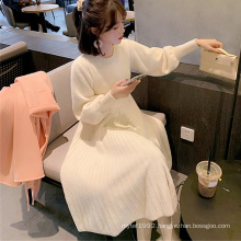 Wholesale Autumn Winter Fashion White Long Casual Dresses Pleated Women Apparel Sweater Dress